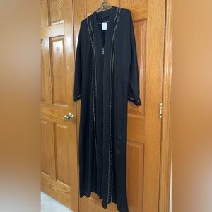 Abaya Black Gold Size 56 (2X-3X) Long Sleeve Maxi Lightweight Islamic Dress NEW